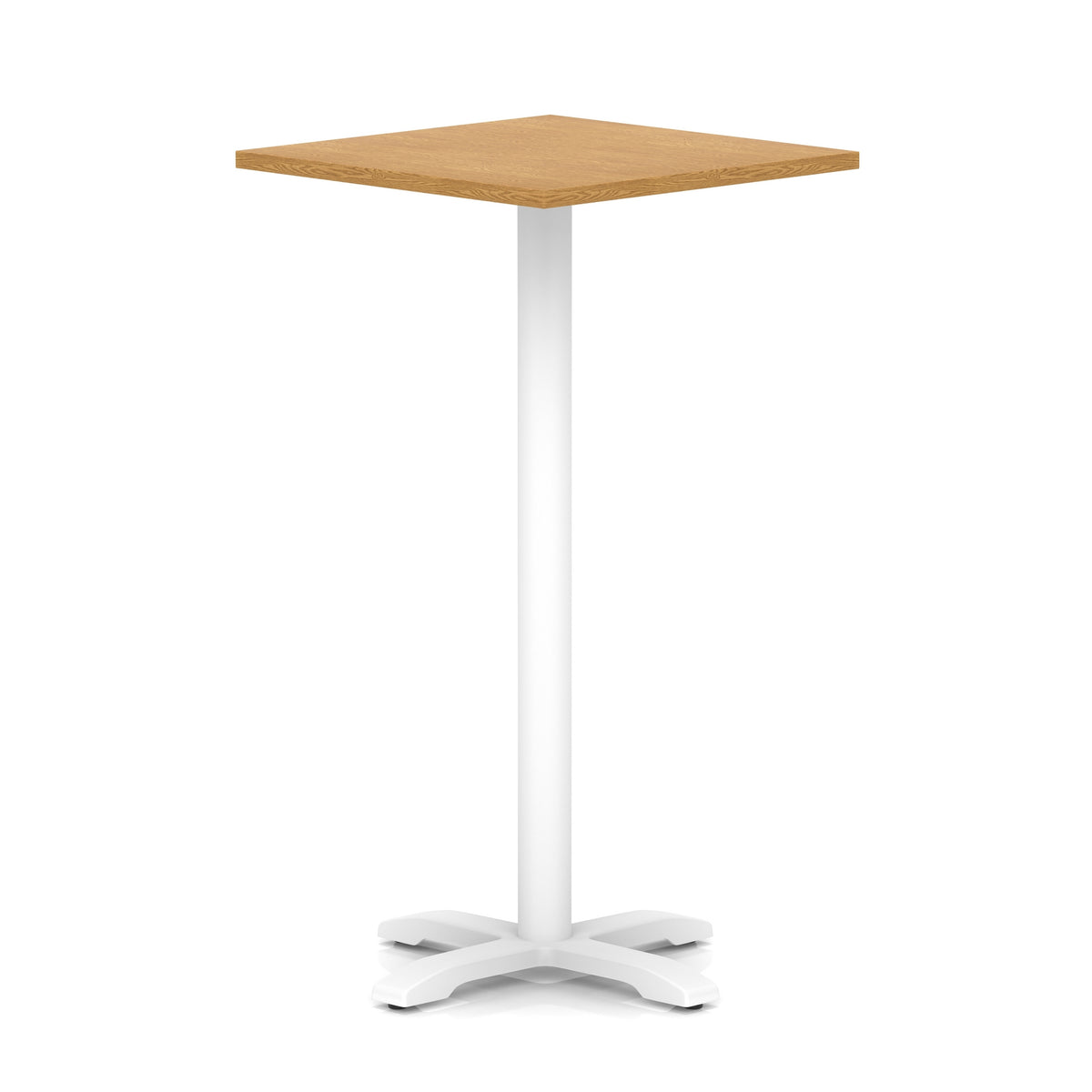 Square high table with wood-effect top and white metal base on a white background