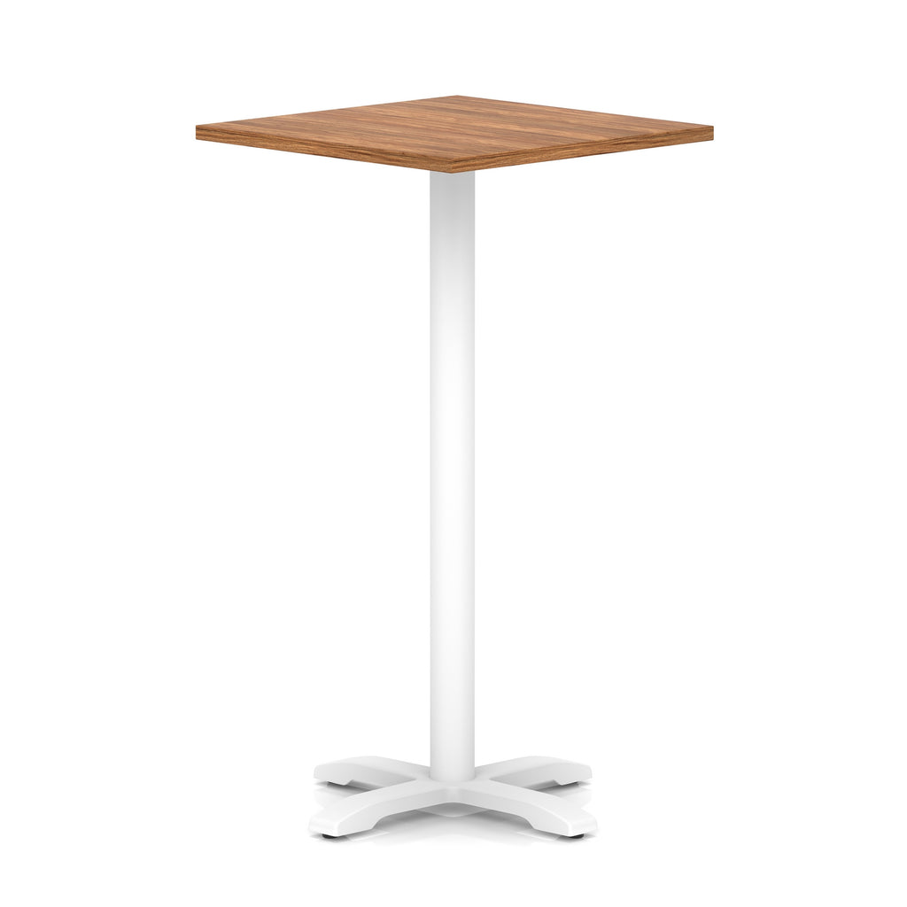 Square high table with wood-effect top and white metal base on a white background
