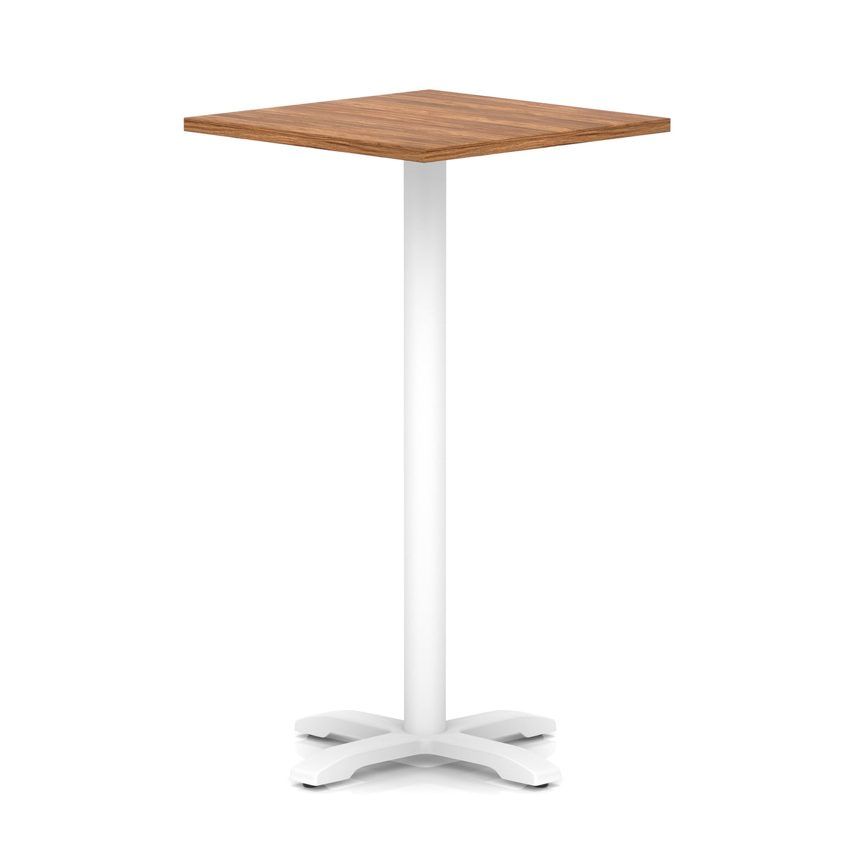 Square high table with wood-effect top and white metal base on a white background