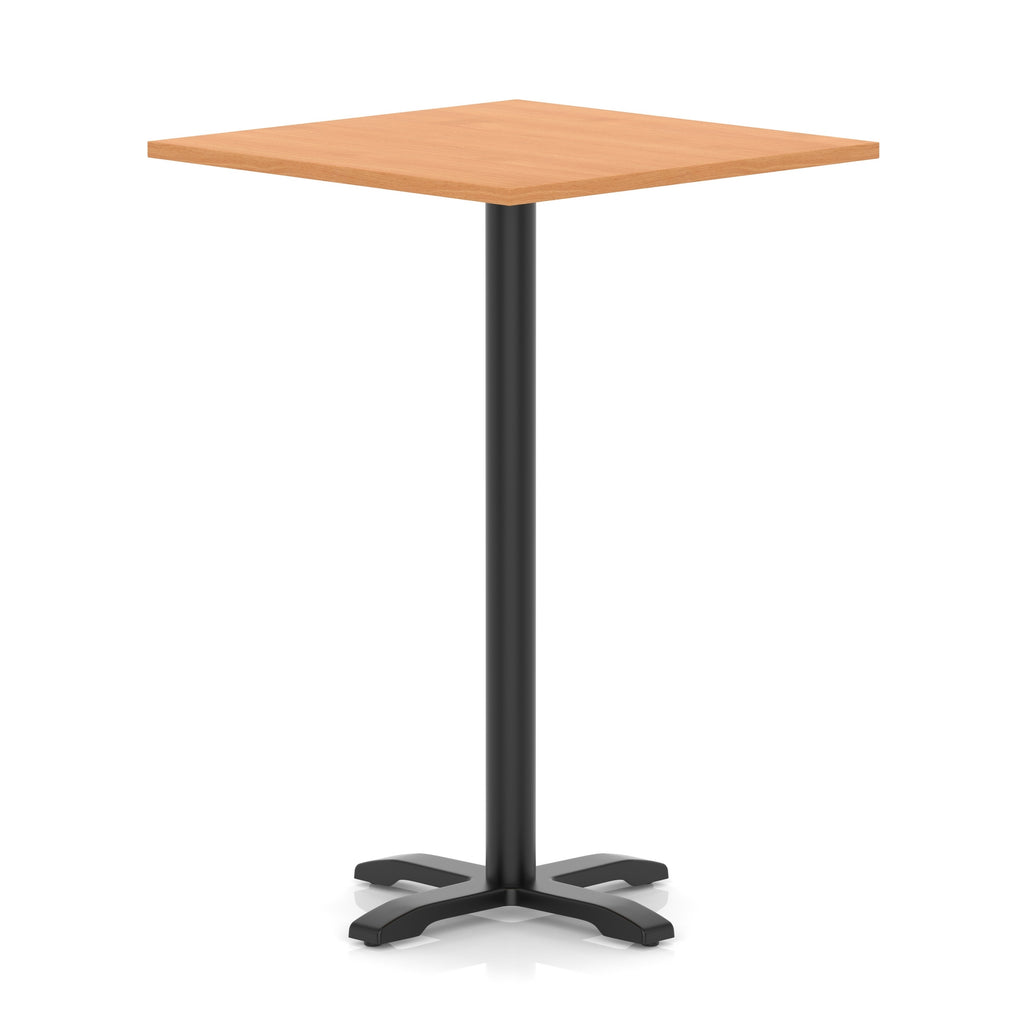 Square high table with grey wood-effect top and black metal base on a white background