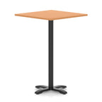 Square high table with grey wood-effect top and black metal base on a white background