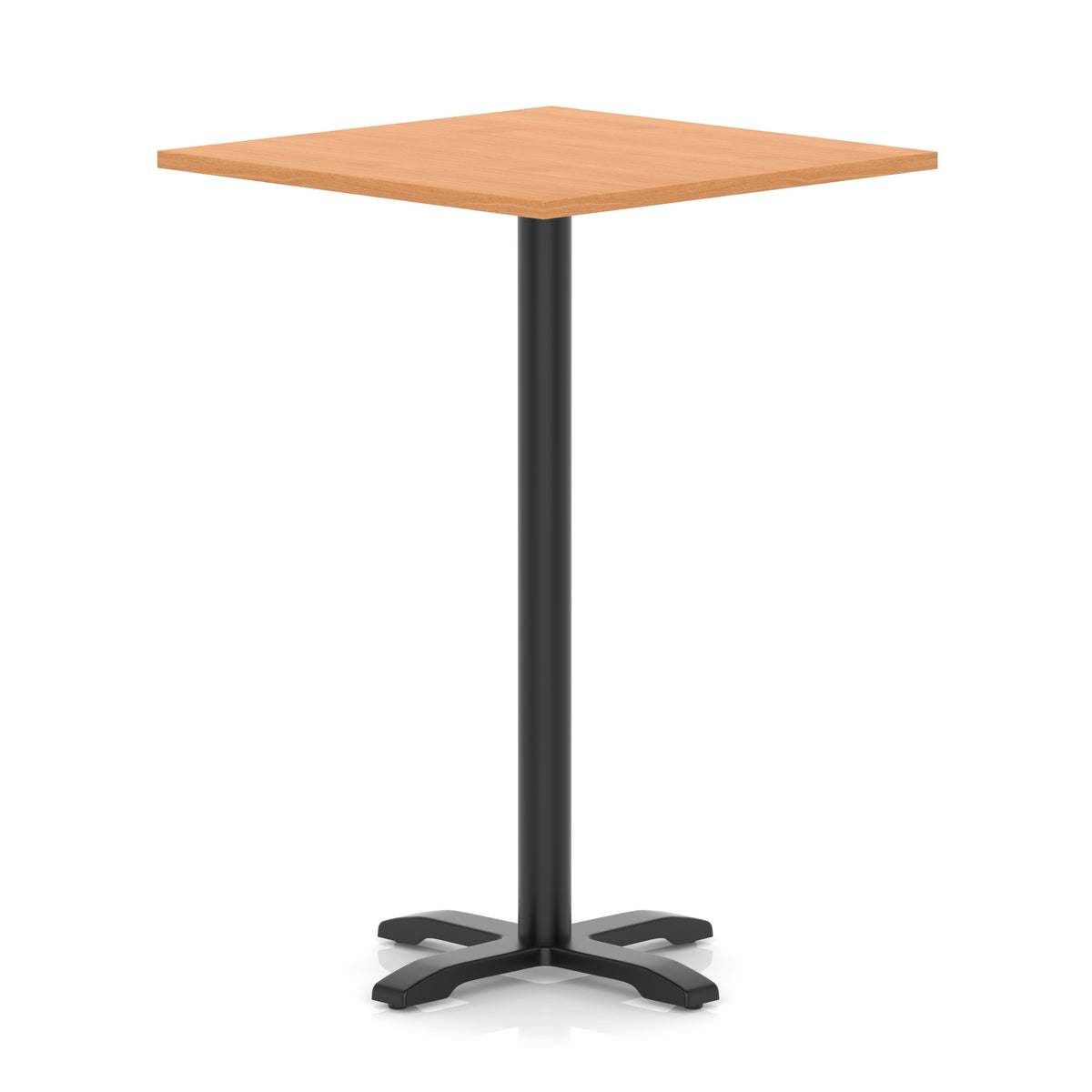 Square high table with grey wood-effect top and black metal base on a white background