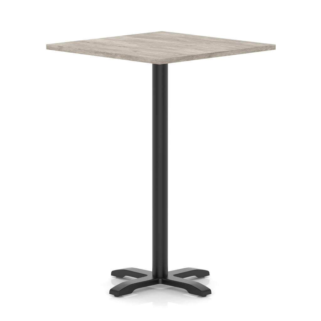 Square high table with grey wood-effect top and black metal base on a white background