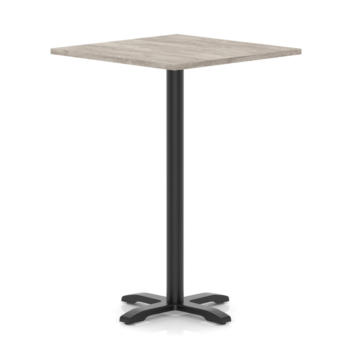 Square high table with grey wood-effect top and black metal base on a white background