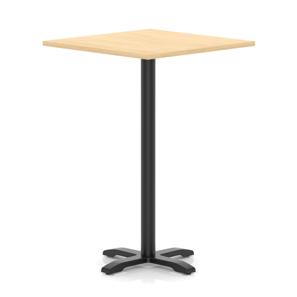 Square high table with wood-effect top and black metal base on a white background