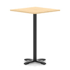Square high table with wood-effect top and black metal base on a white background