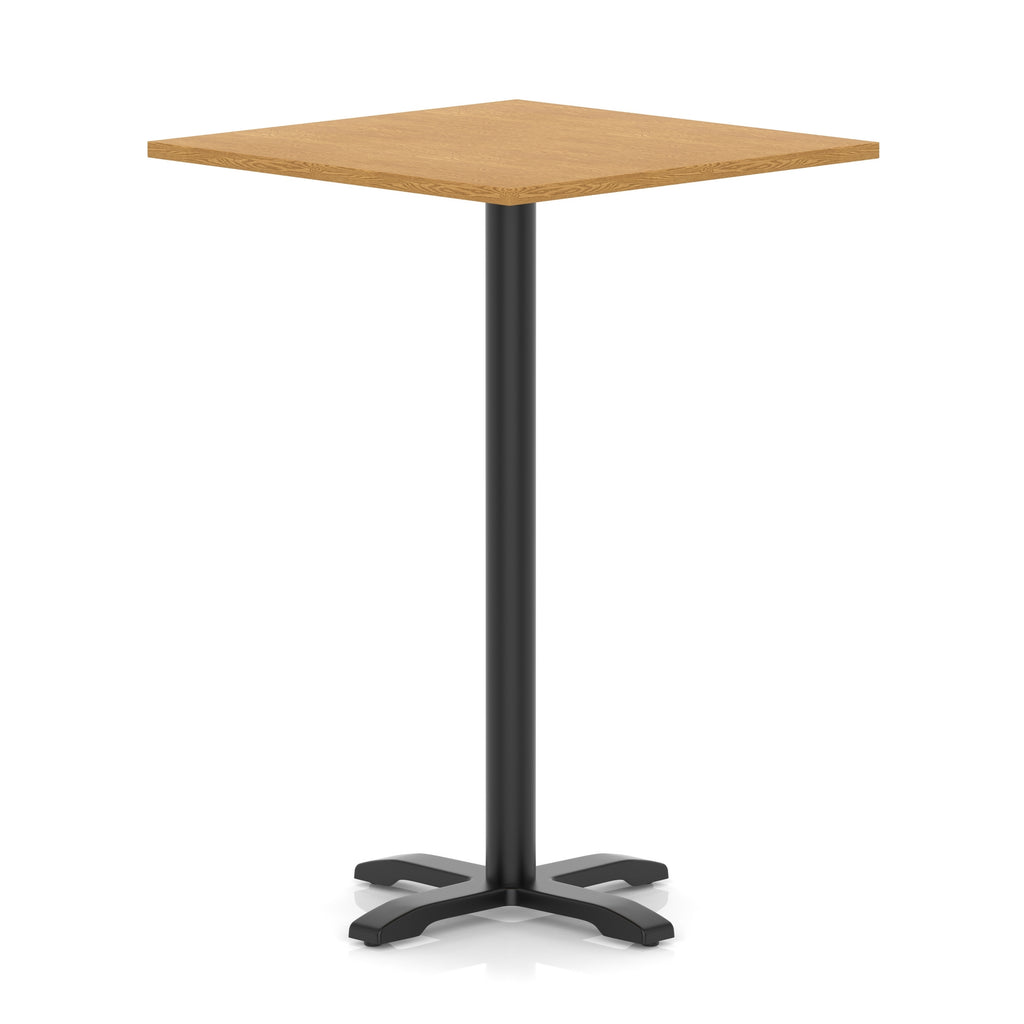 Square high table with wood-effect top and black metal base on a white background