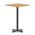 Square high table with wood-effect top and black metal base on a white background