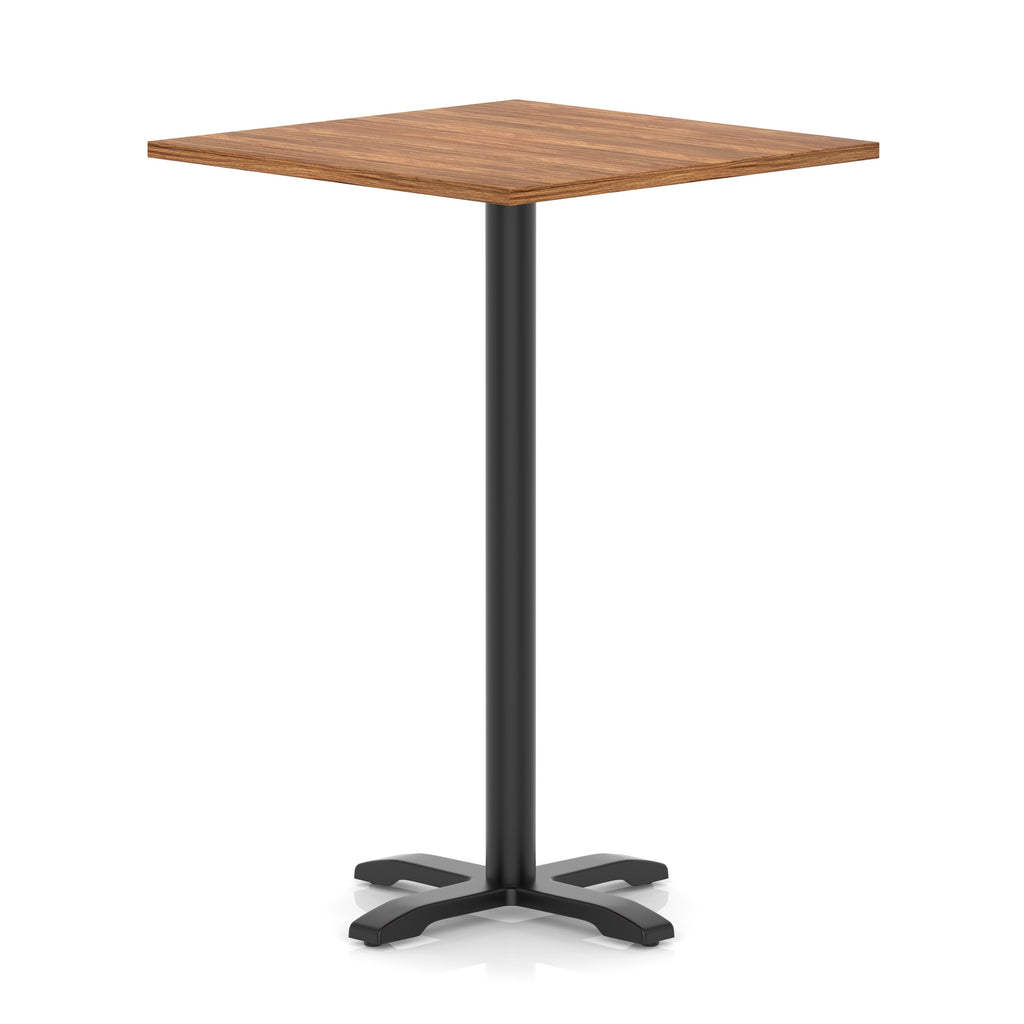 Square high table with wood-effect top and black metal base on a white background