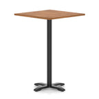 Square high table with wood-effect top and black metal base on a white background