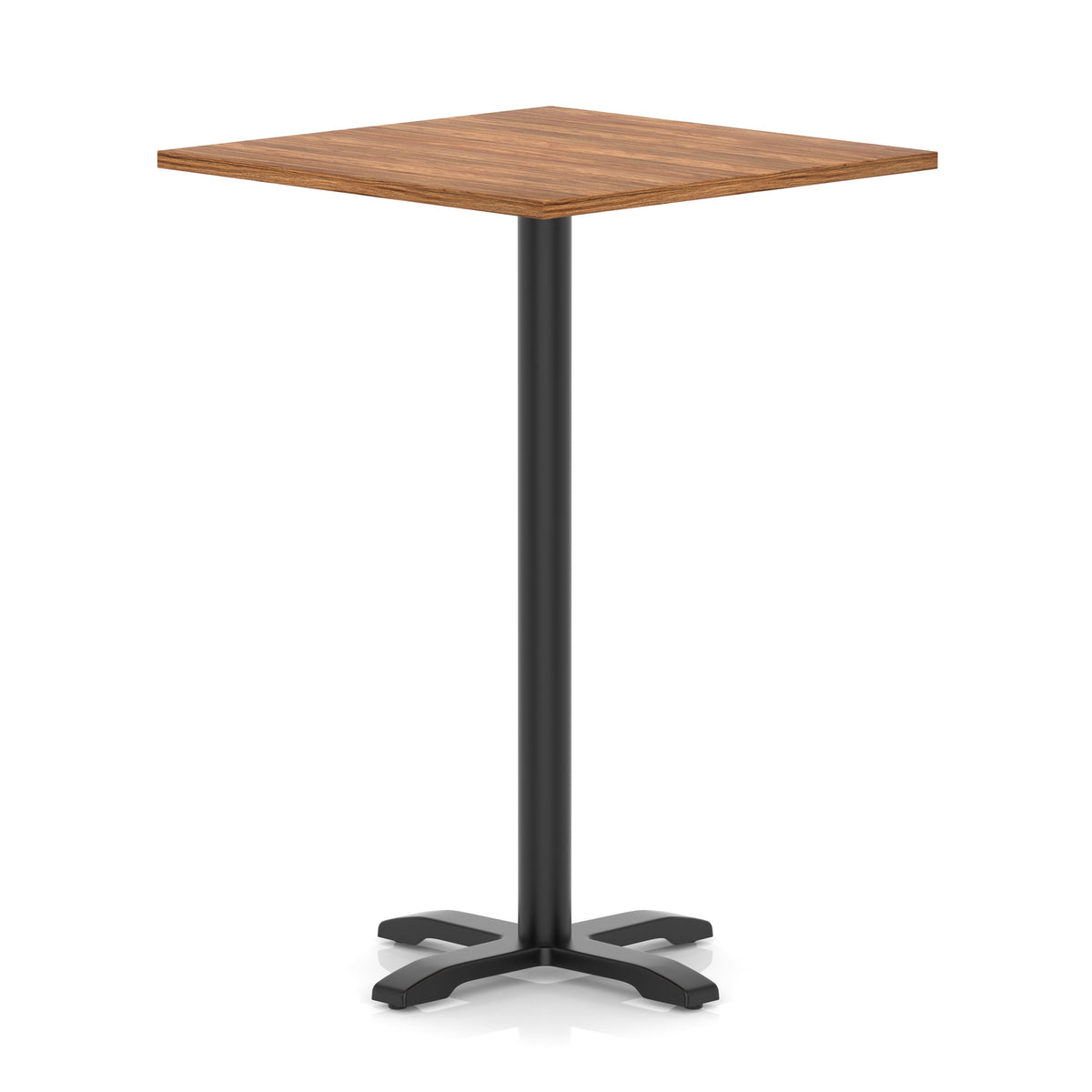 Square high table with wood-effect top and black metal base on a white background