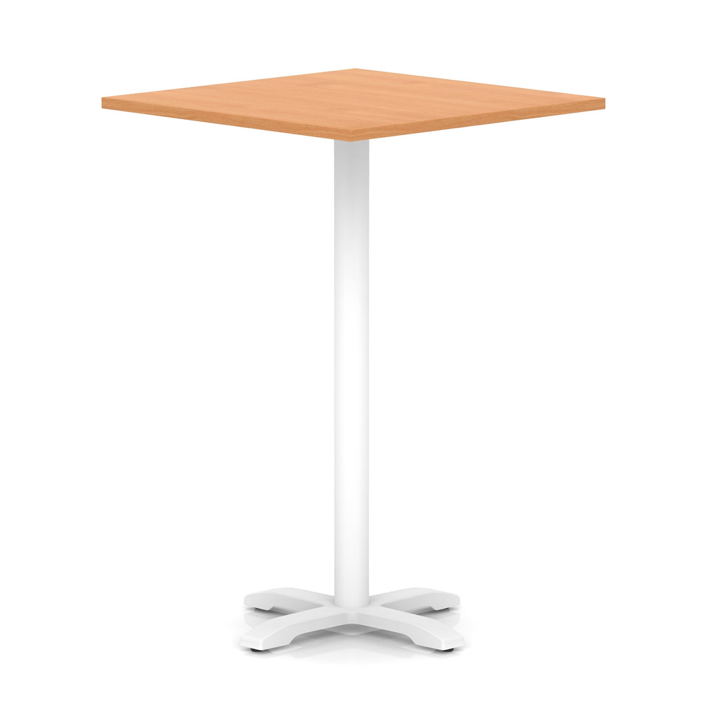 Square high table with wood-effect top and white metal base on a white background
