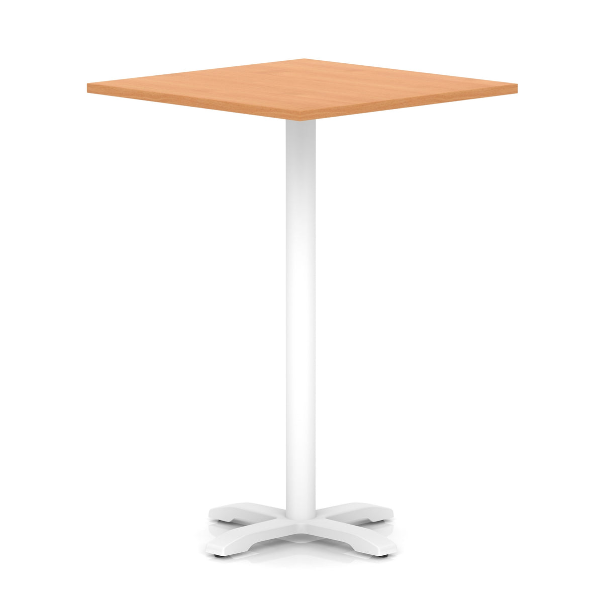 Square high table with wood-effect top and white metal base on a white background
