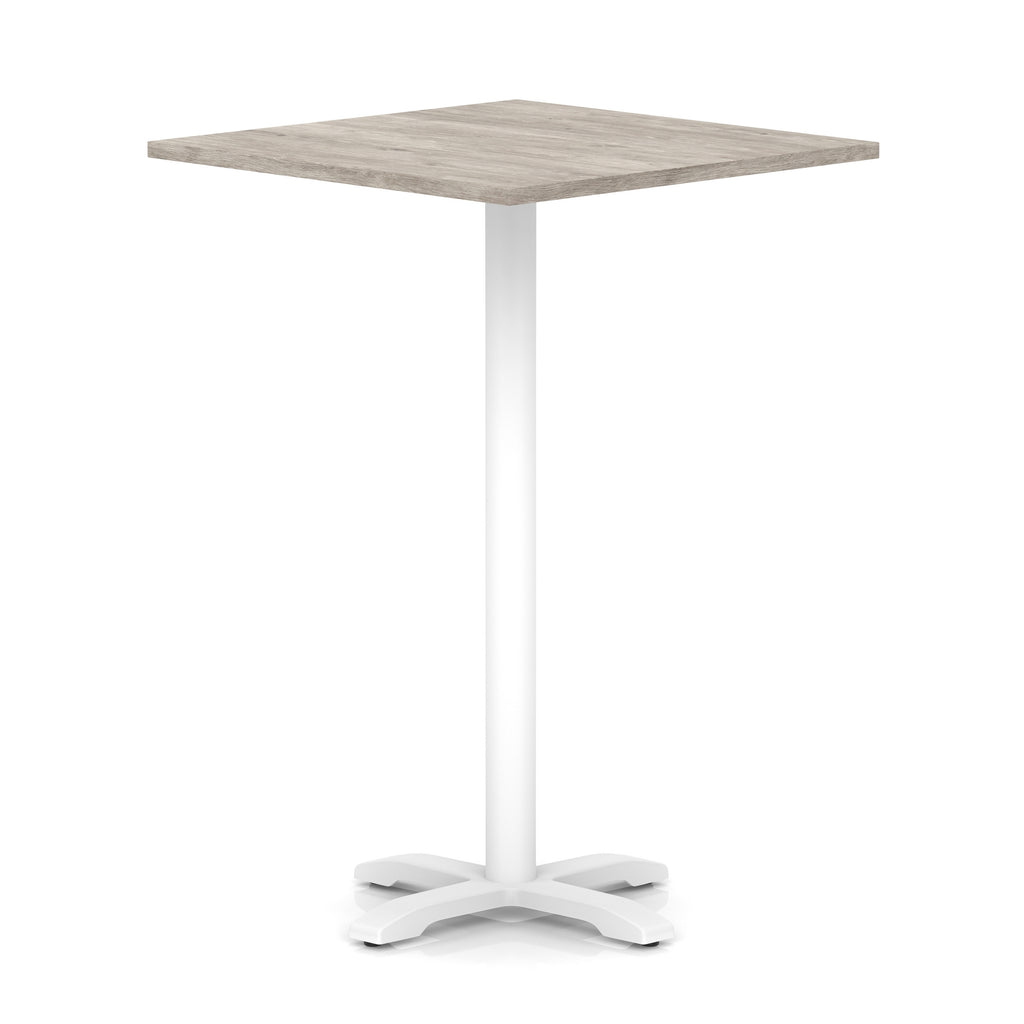 Square high table with grey wood-effect top and white metal base on a white background