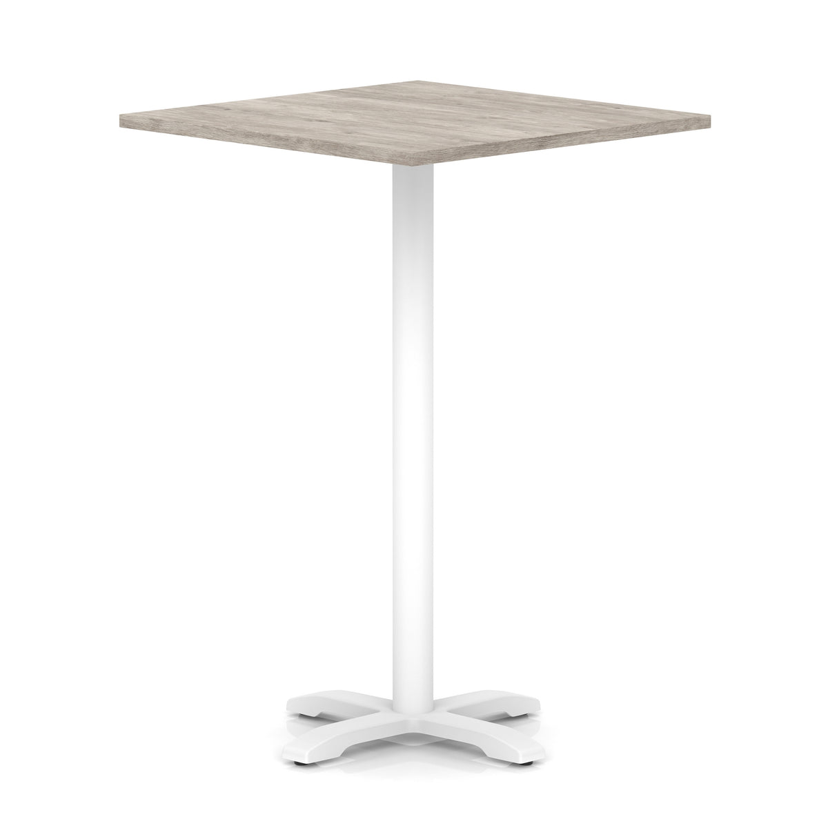 Square high table with grey wood-effect top and white metal base on a white background