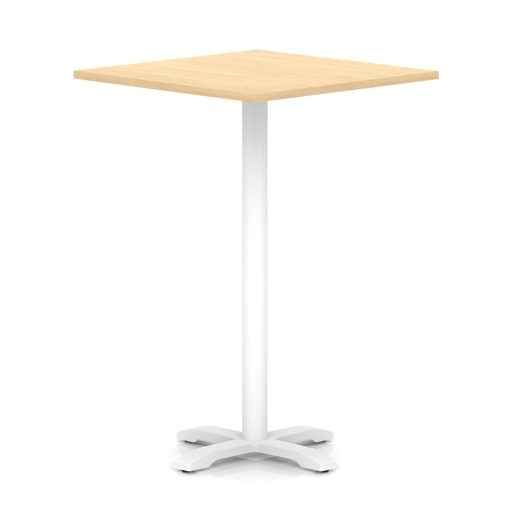 Square high table with wood-effect top and white metal base on a white background