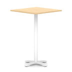 Square high table with wood-effect top and white metal base on a white background