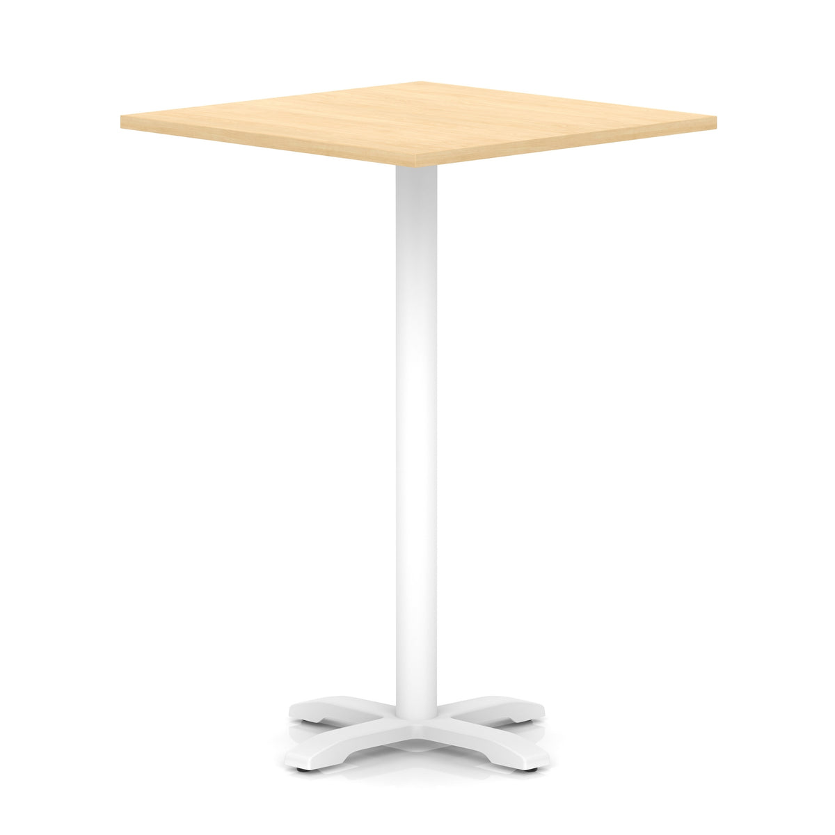 Square high table with wood-effect top and white metal base on a white background
