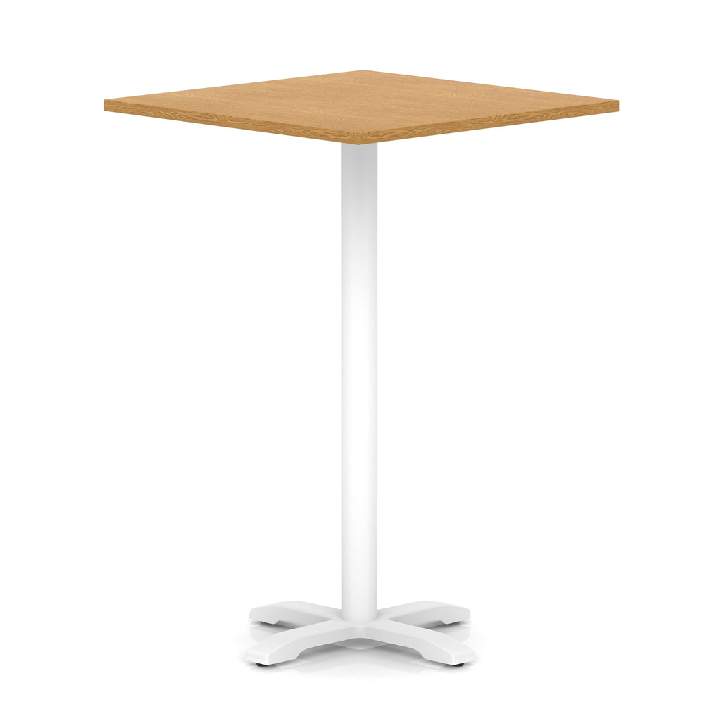 Square high table with wood-effect top and white metal base on a white background