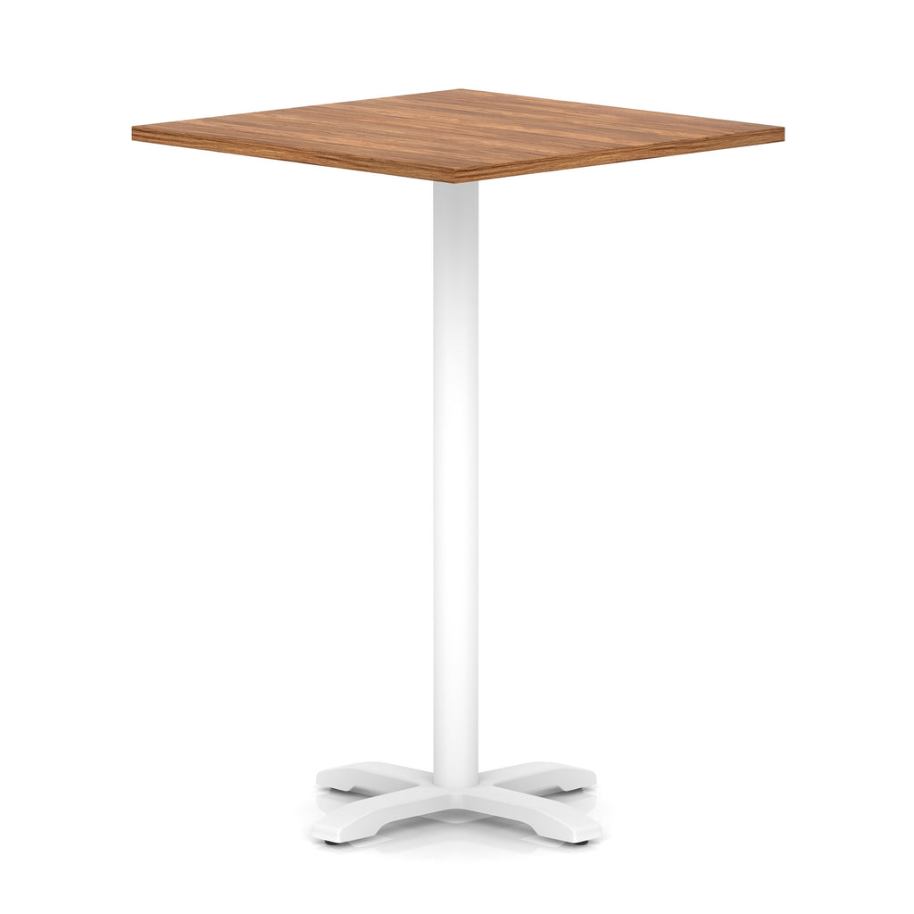 Square high table with wood-effect top and white metal base on a white background