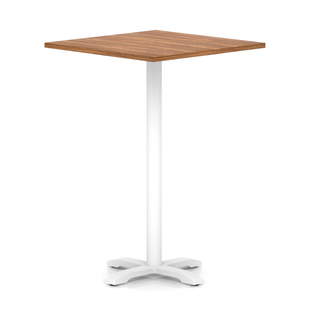 Square high table with wood-effect top and white metal base on a white background