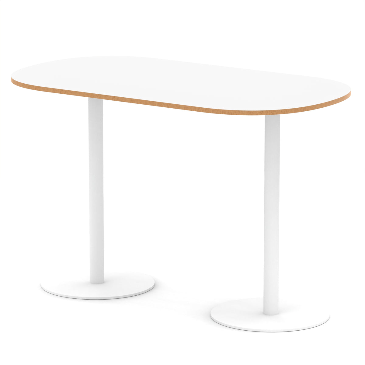 White high table with a light wood edge and metal legs on a white background
