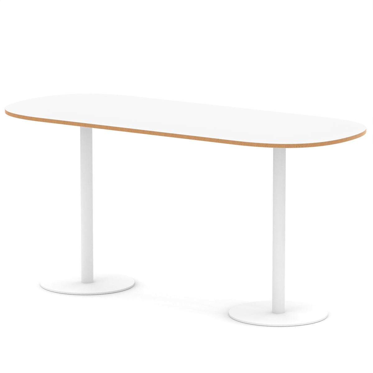 White table with a light wood edge and metal legs on a white background