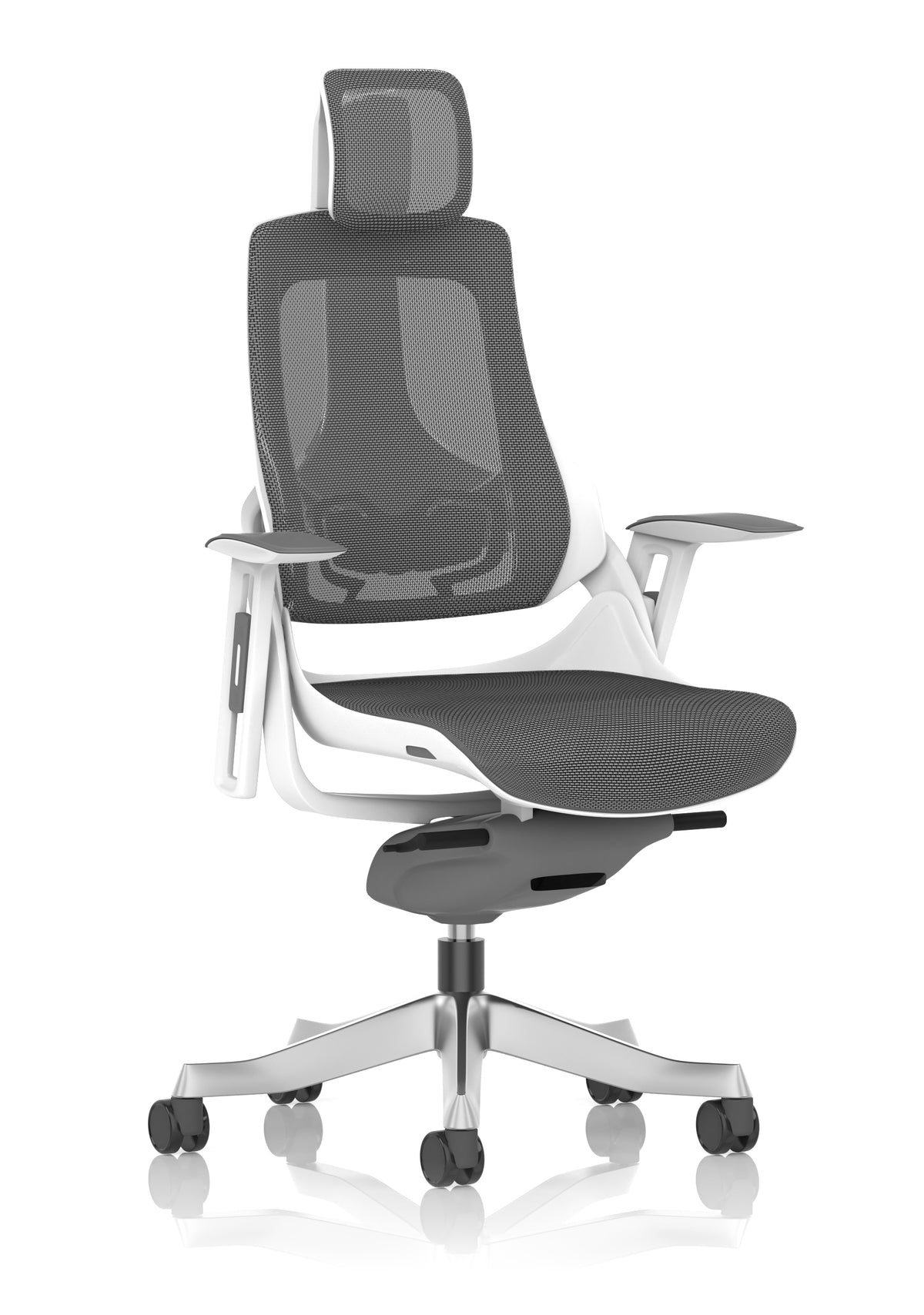 Ergonomic office chair with mesh back and adjustable armrests on a white background