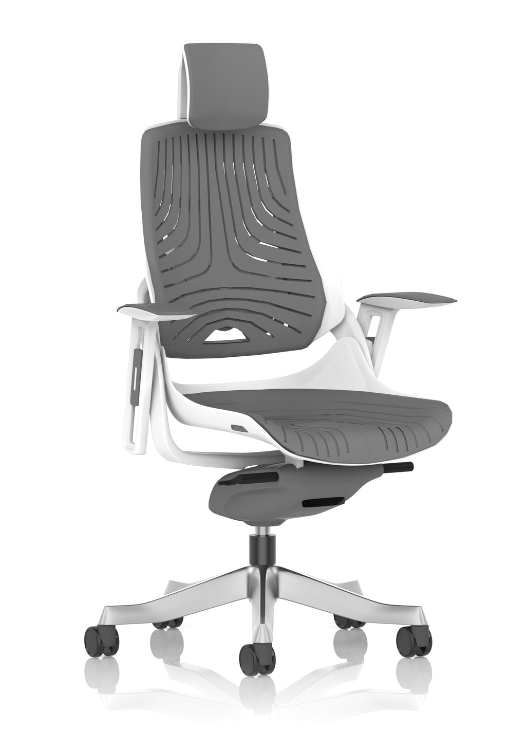 Grey office chair with headrest and white frame on a white background