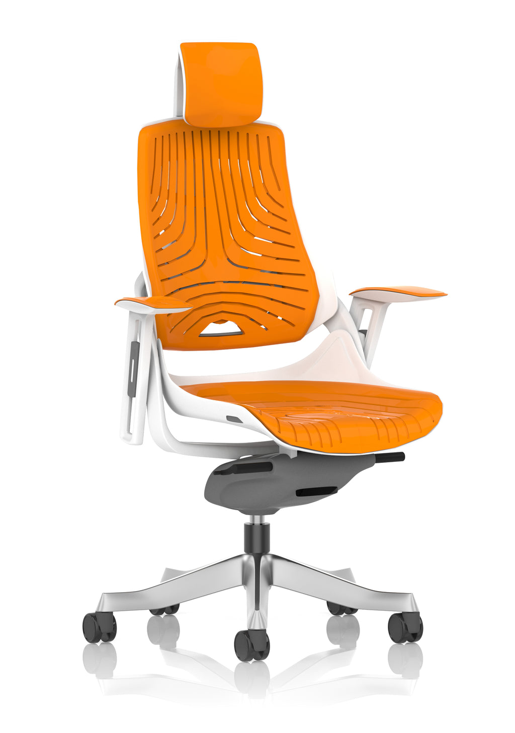 Orange office chair with headrest and white frame on a white background