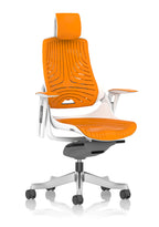 Orange office chair with headrest and white frame on a white background