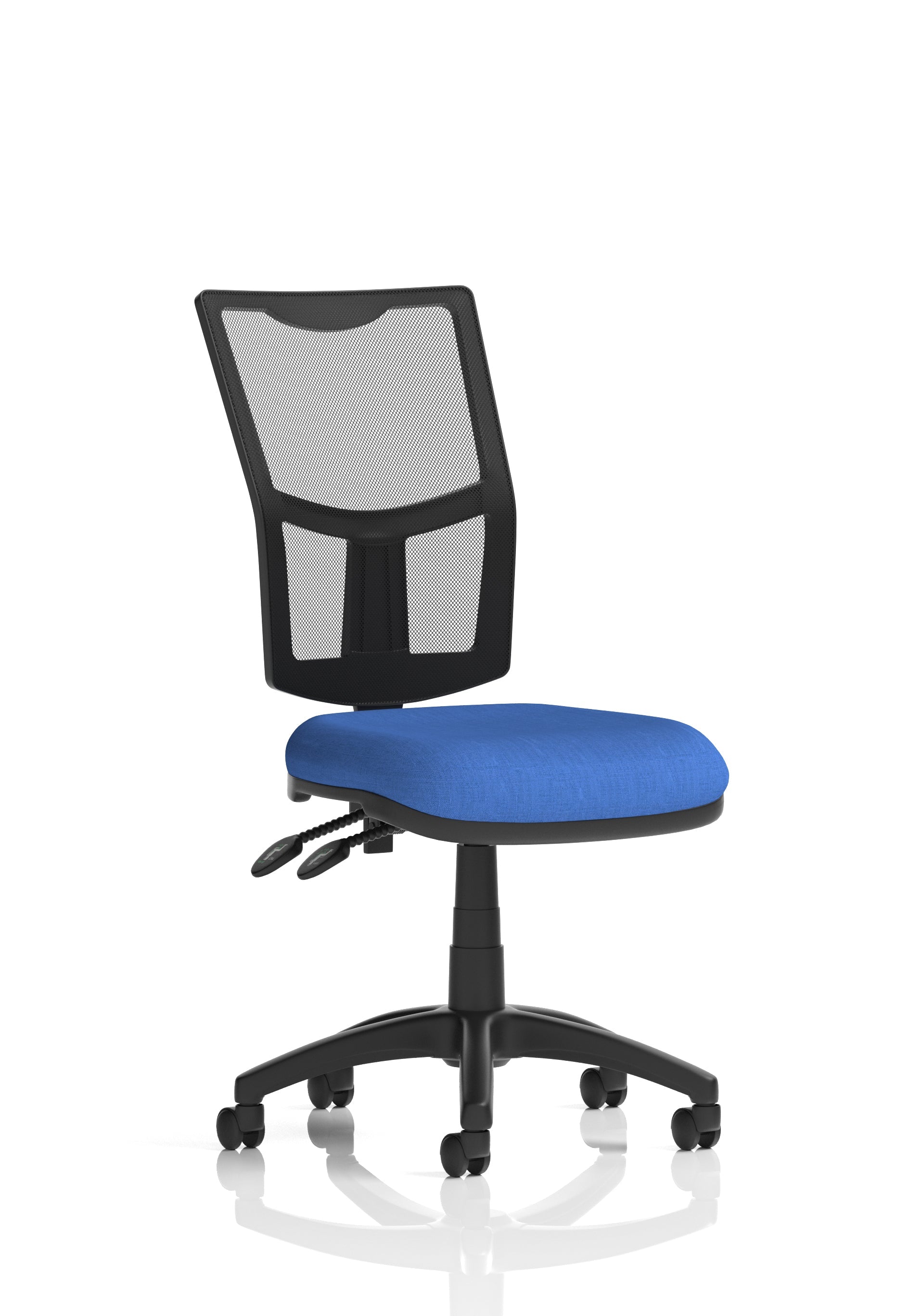 Blue office chair with black mesh back on a white background