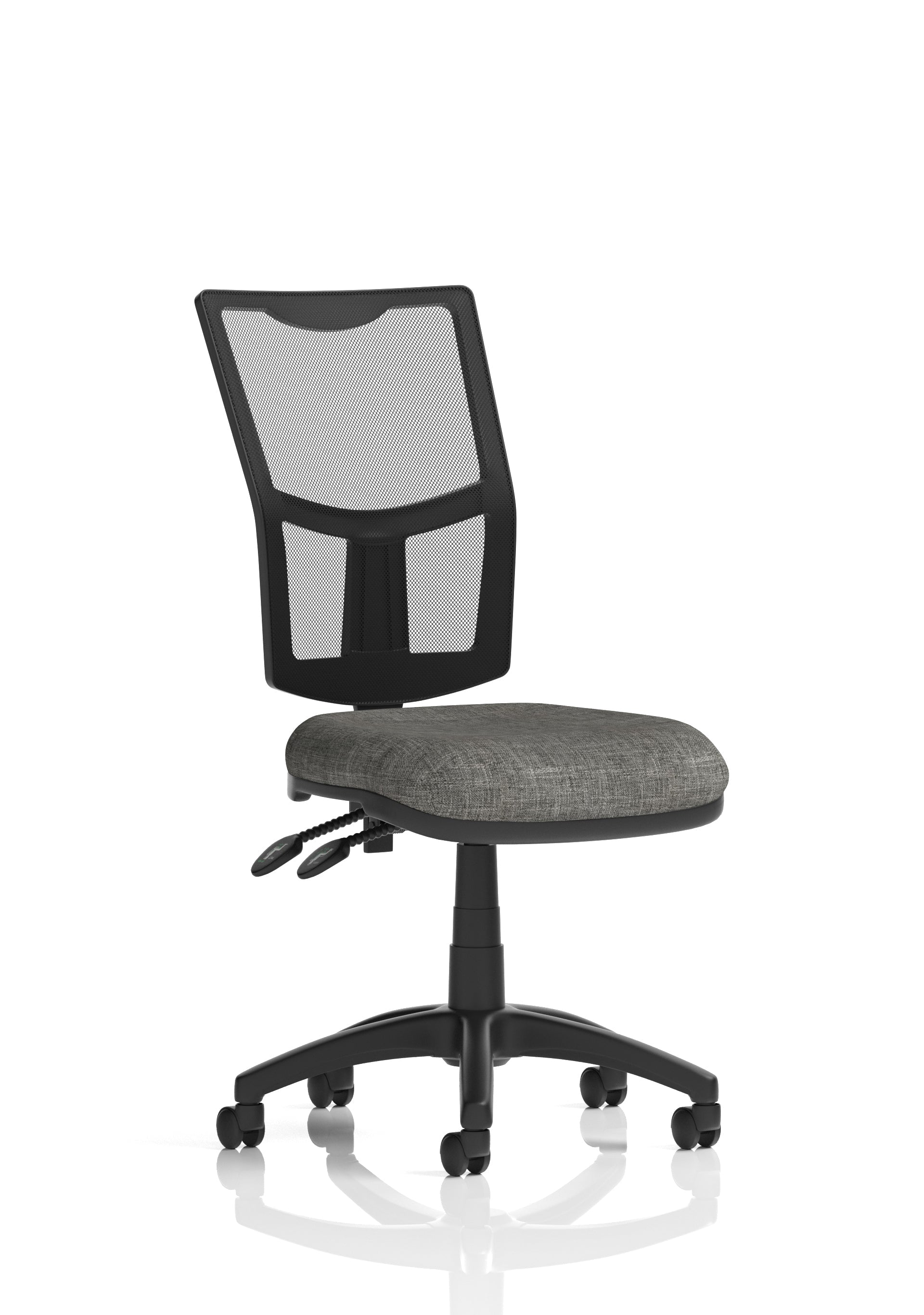 Grey office chair with black mesh back on a white background