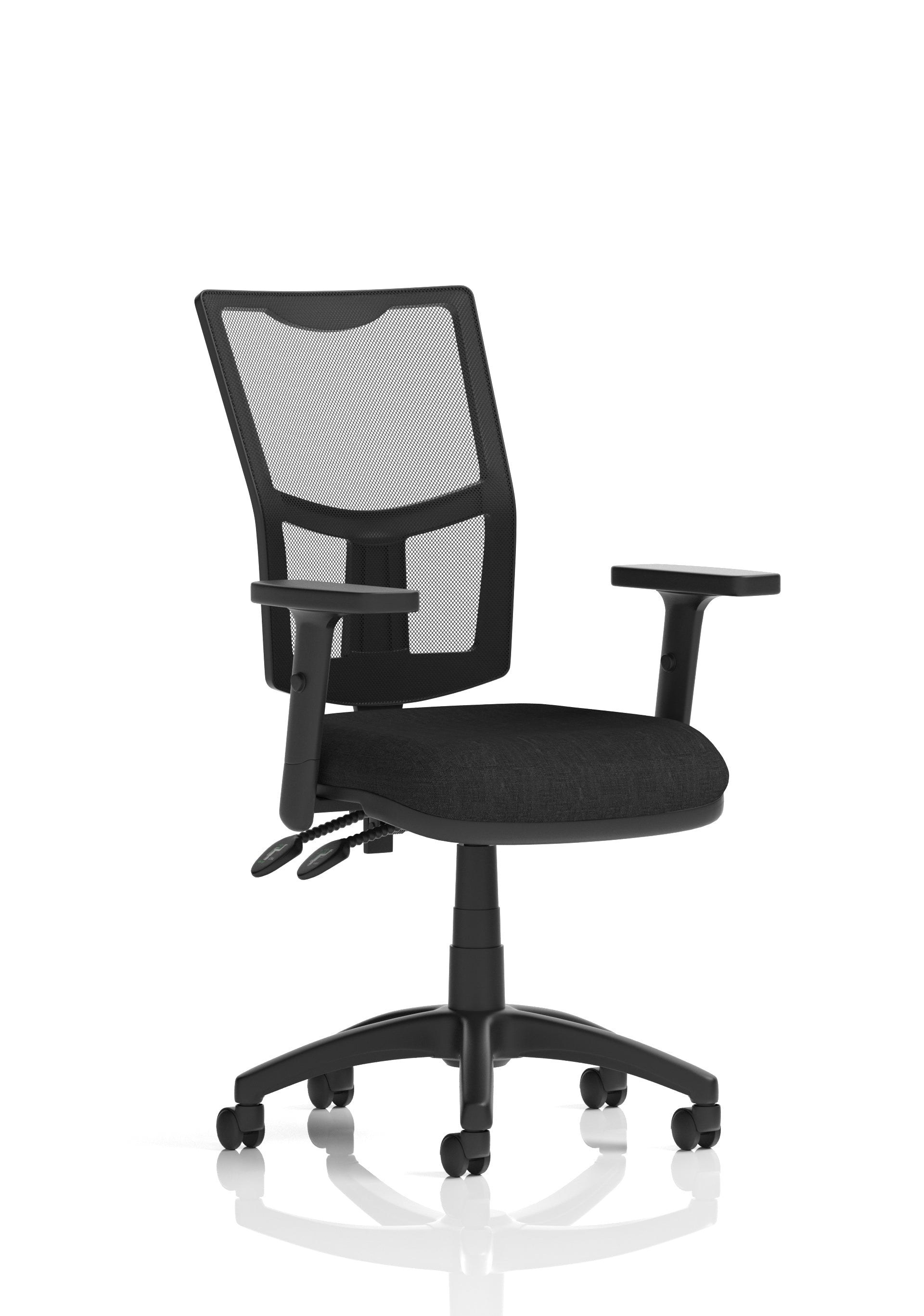 Black office chair with adjustable arms and mesh back on a white background