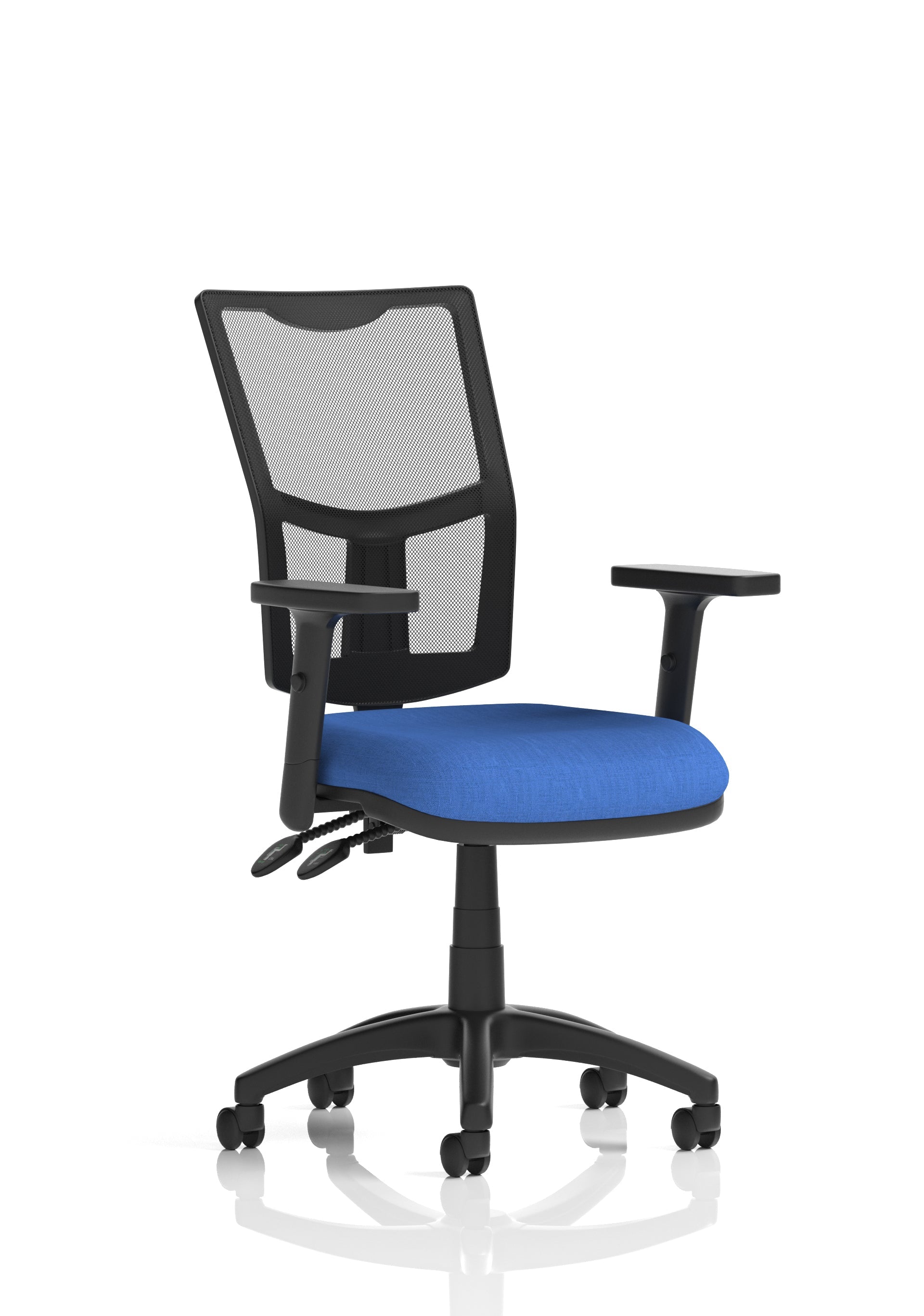 Blue office chair with black mesh back and adjustable arms on a white background