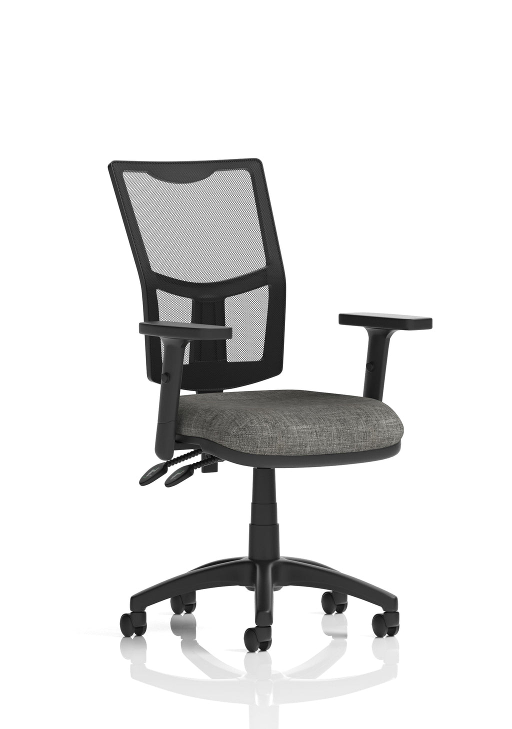 Grey office chair with black mesh back and adjustable arms on a white background