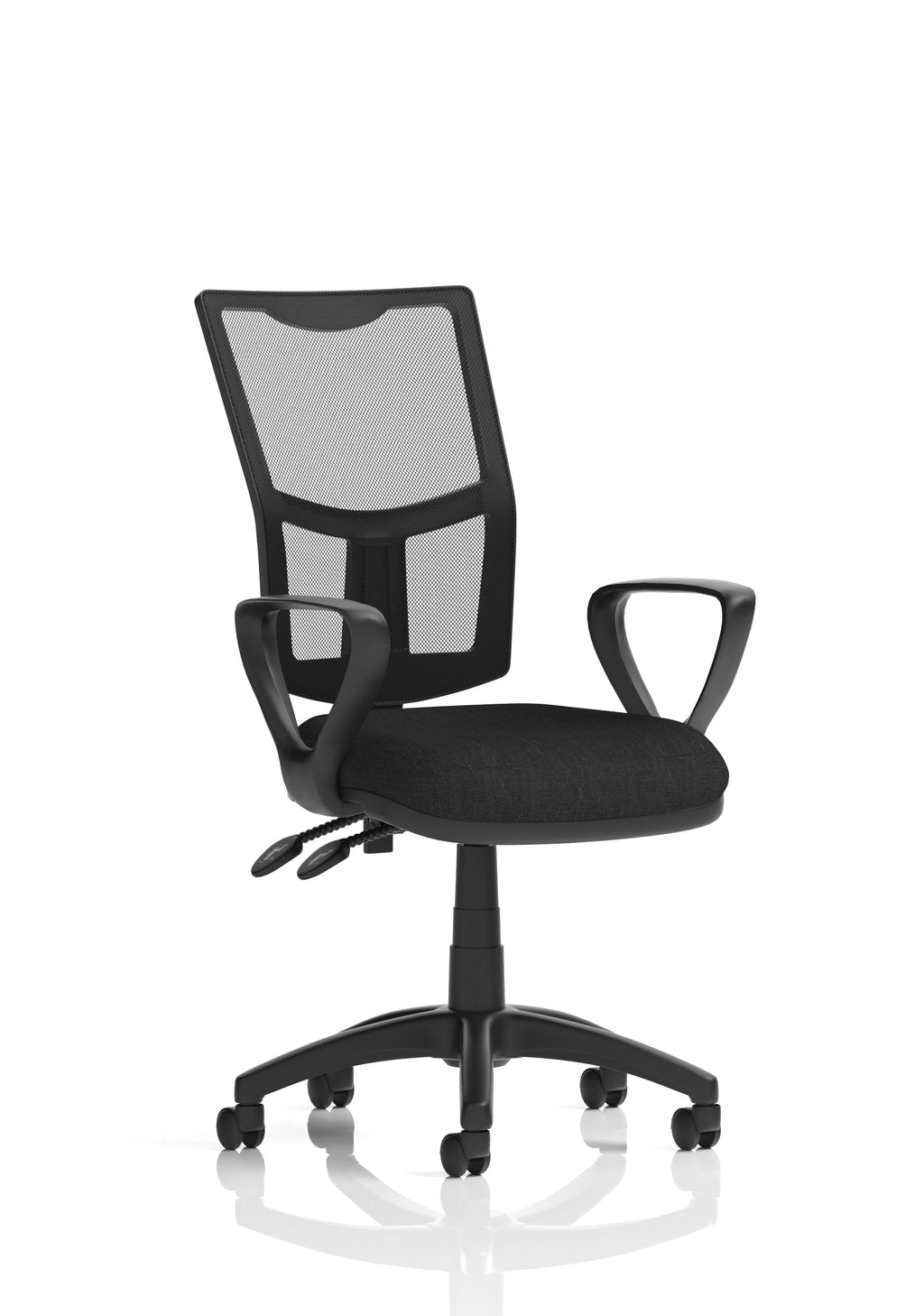 Black office chair with mesh back and fixed arms on a white background