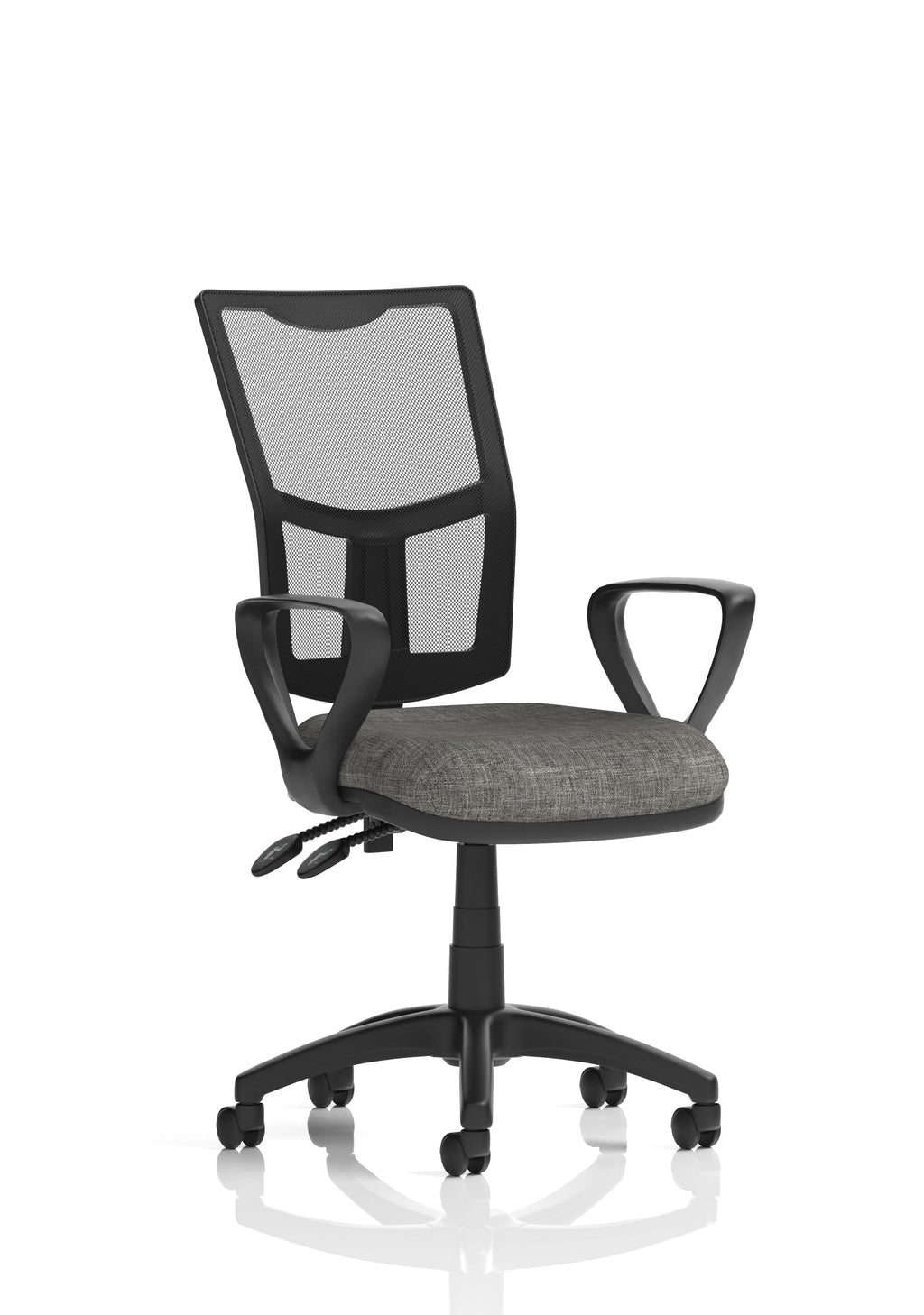 Grey office chair with black mesh backrest and fixed arms on a white background