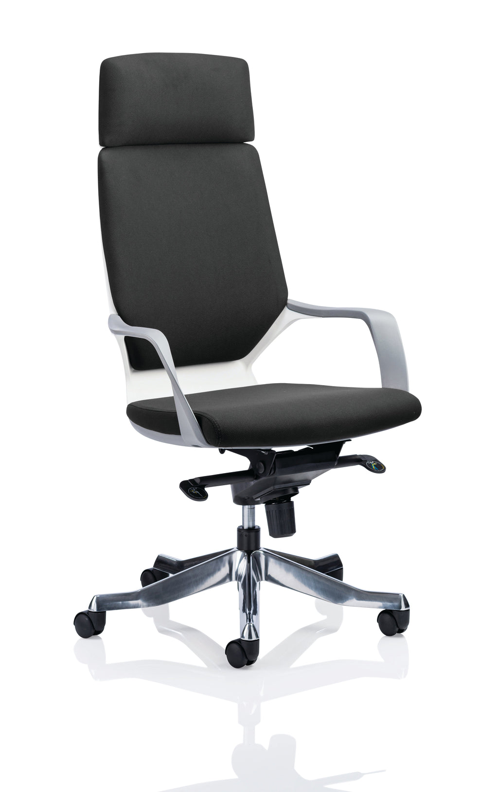 Black office chair with high backrest on a white background