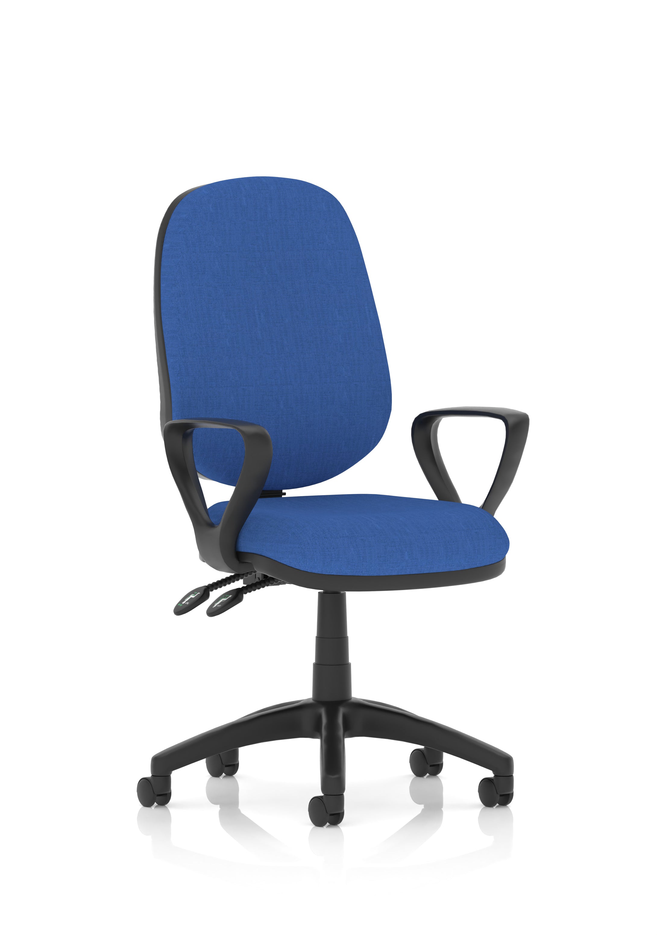 Blue office chair with black fixed arms and frame on a white background