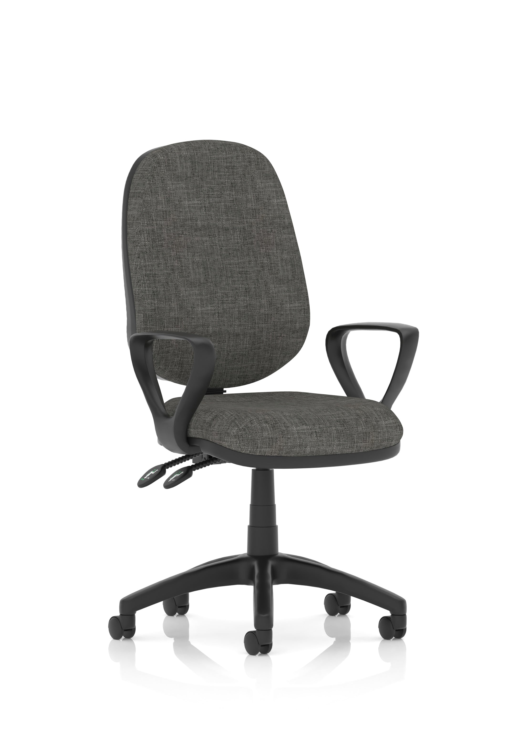 Gray office chair with black fixed arms and base on a white background