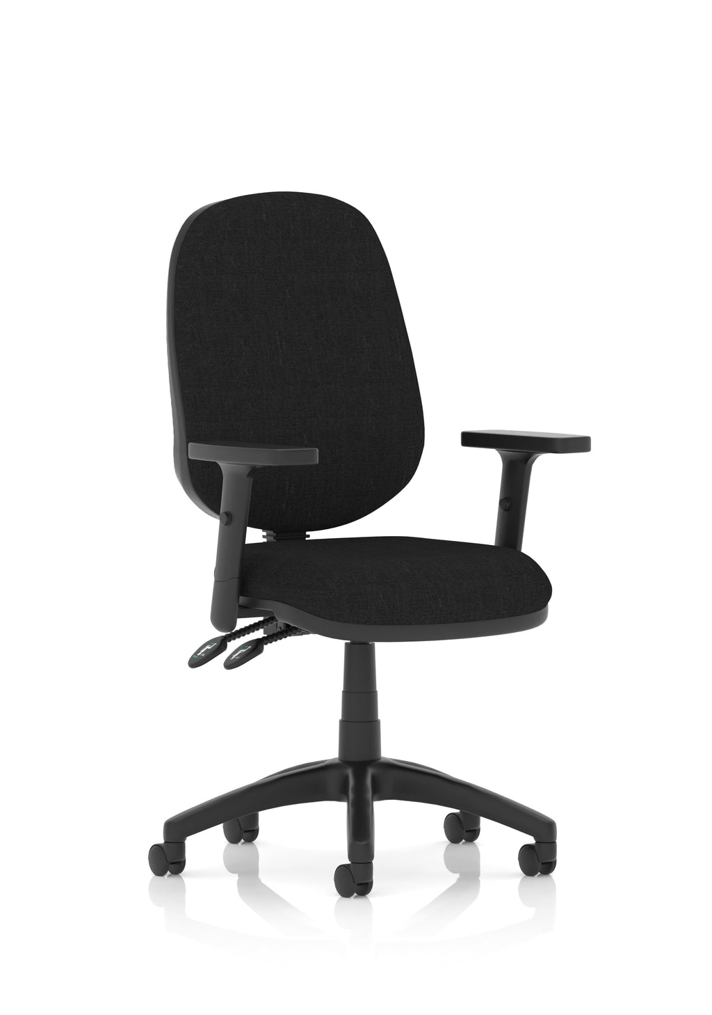 Black office chair with adjustable arms on a white background