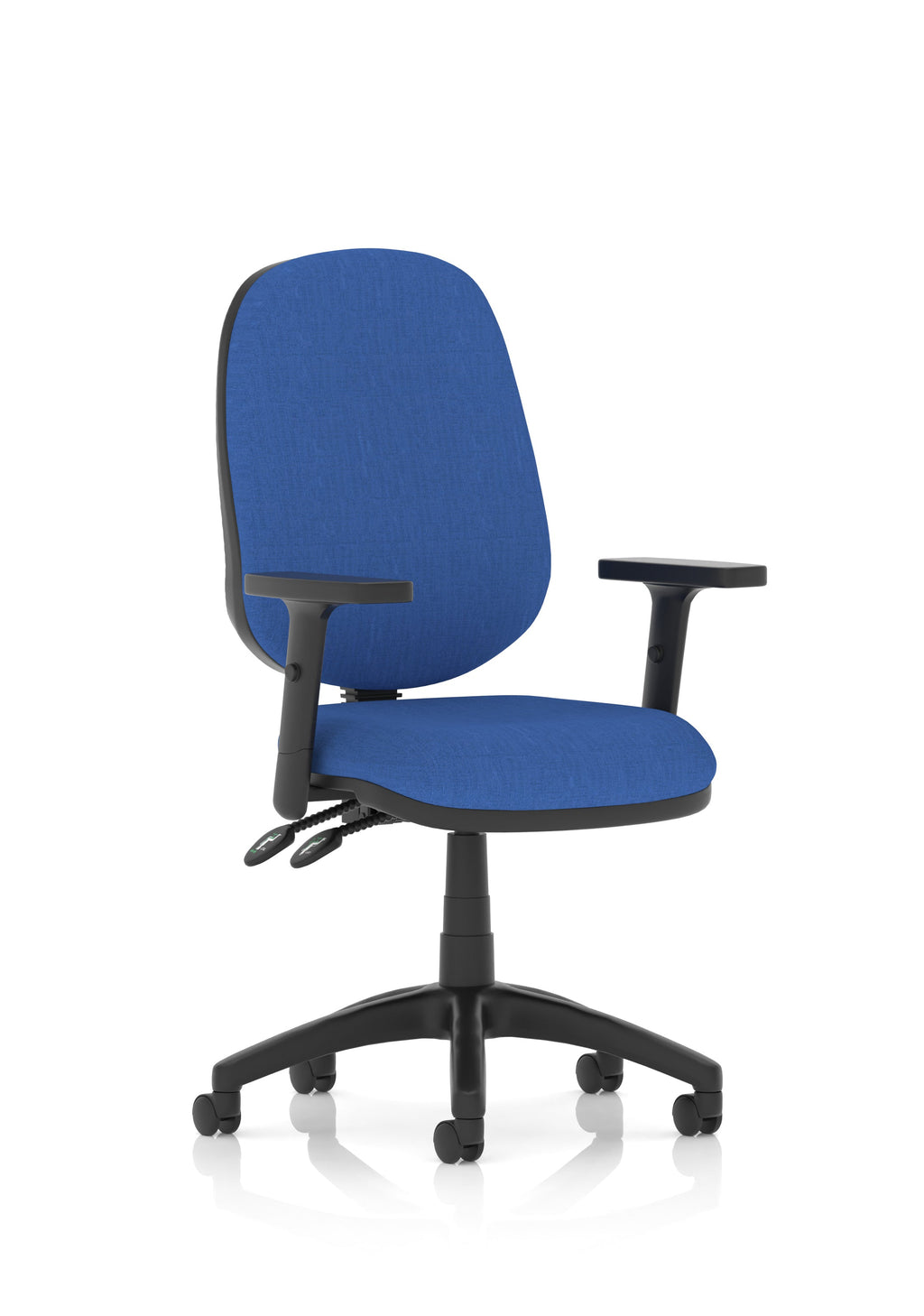 Blue office chair with black adjustable arms and frame on a white background