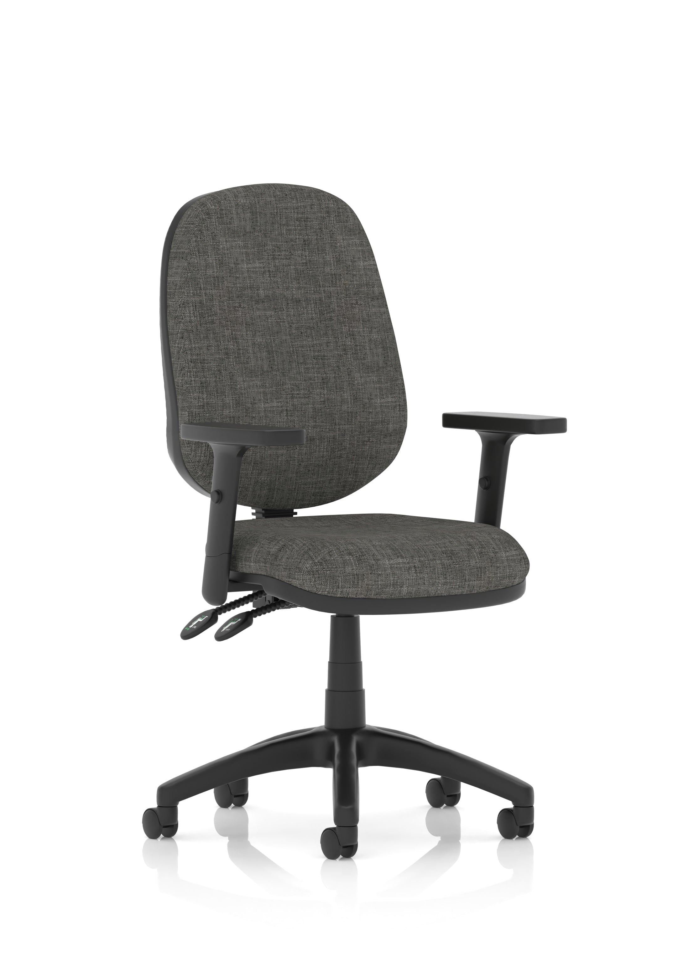 Gray office chair with black adjustable arms and base on a white background