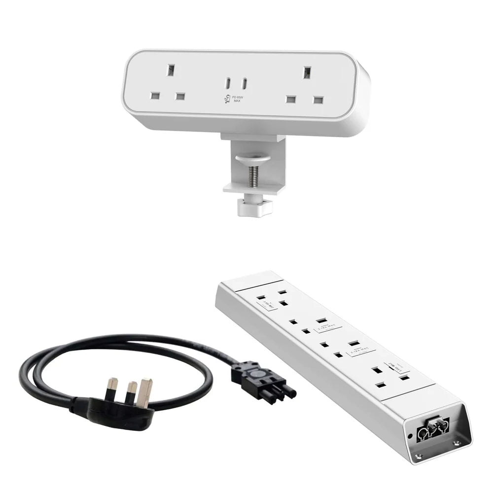 White power strip with multiple outlets and a cable on a white background