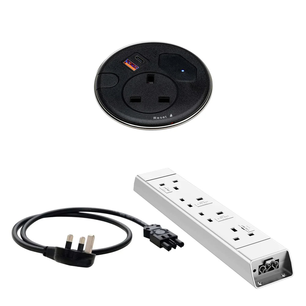 Black circular power module with power cord and white extension strip on a white background