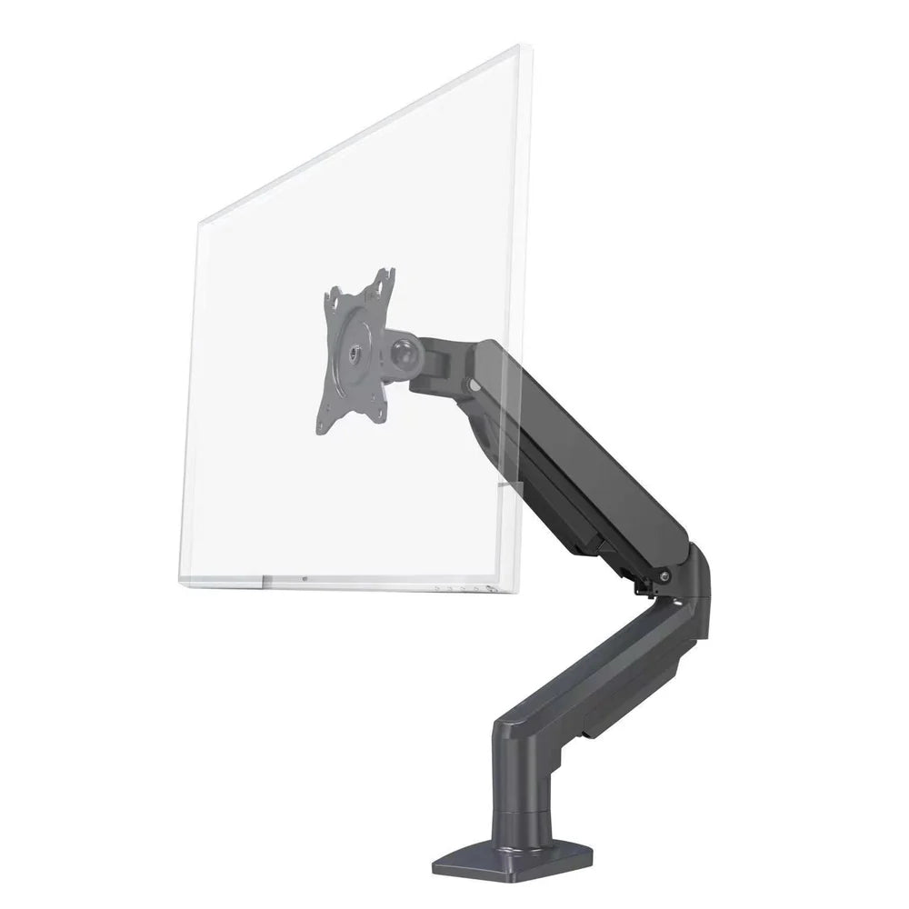 Black adjustable monitor stand on a white background