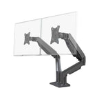 Black dual monitor stand with two screens on a white background