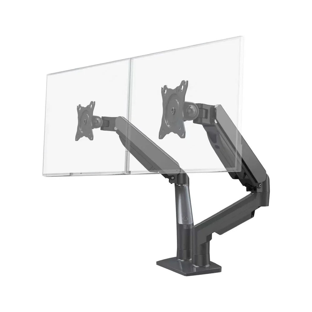 Black dual monitor stand with two screens on a white background