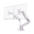 White dual monitor stand with two screens on a white background